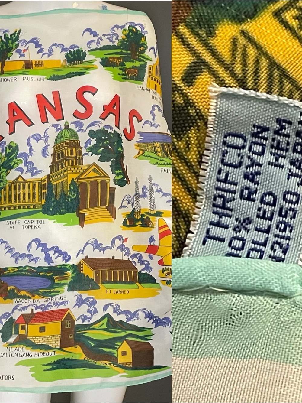 Delightful Vintage Kansas Souvenir Scarf  50s 60s Large 28 In Excellent Cond